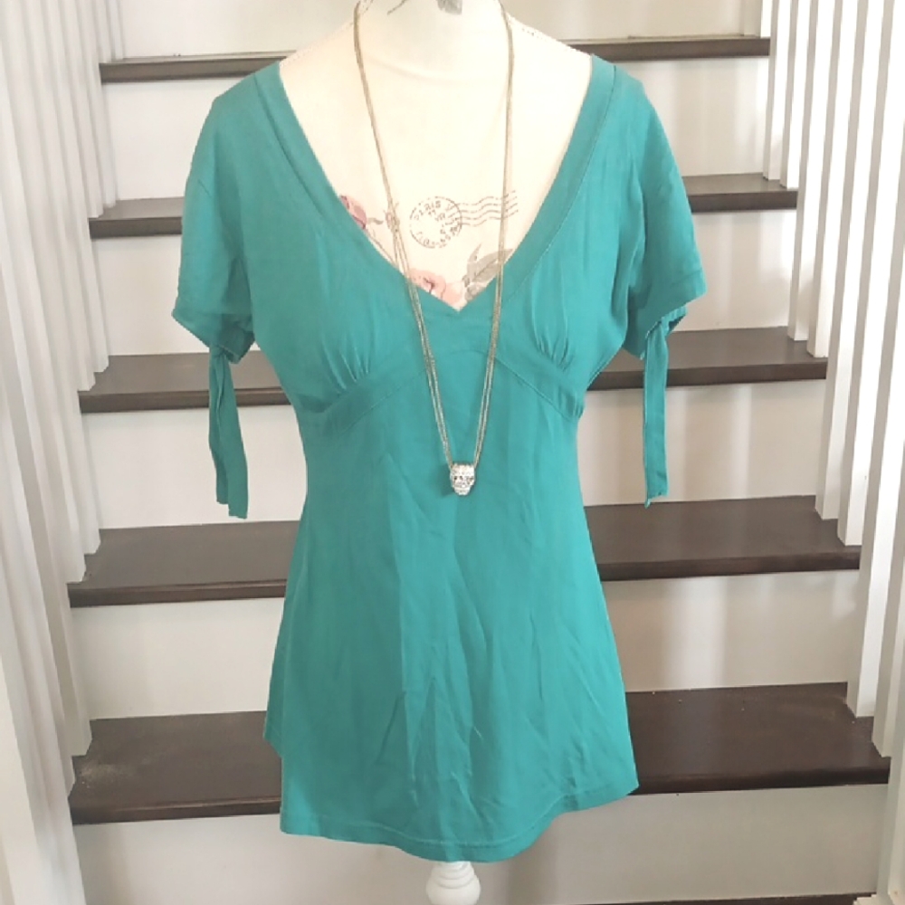 % Nevada Teal Blue V-Neck Cap Tie Sleeve Top